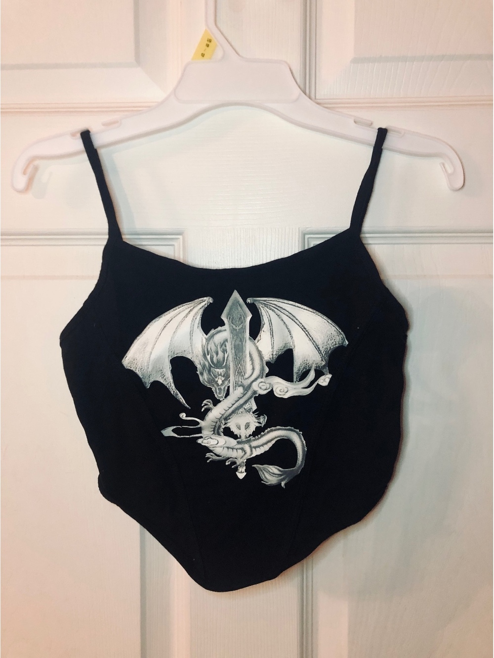 Y2K Dragon Sword Corset Cami Top XS Cotton Black Grunge Goth Fairy 2000s Crop